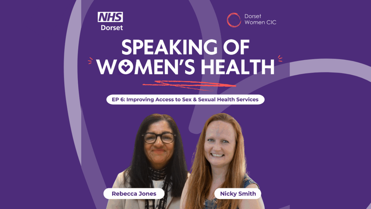 Purple background with the NHS Dorset logo and Dorset Women's logo at the top; The title of the podcast is in capitals in the middle and the title of the Episode in a white rounded edged box. There are two cutouts of two guest speakers, Rebecca Jones and Nicky Smith in the centre - their names are shown in a white box in front of them. There is a faded heart set at an angle in the background.