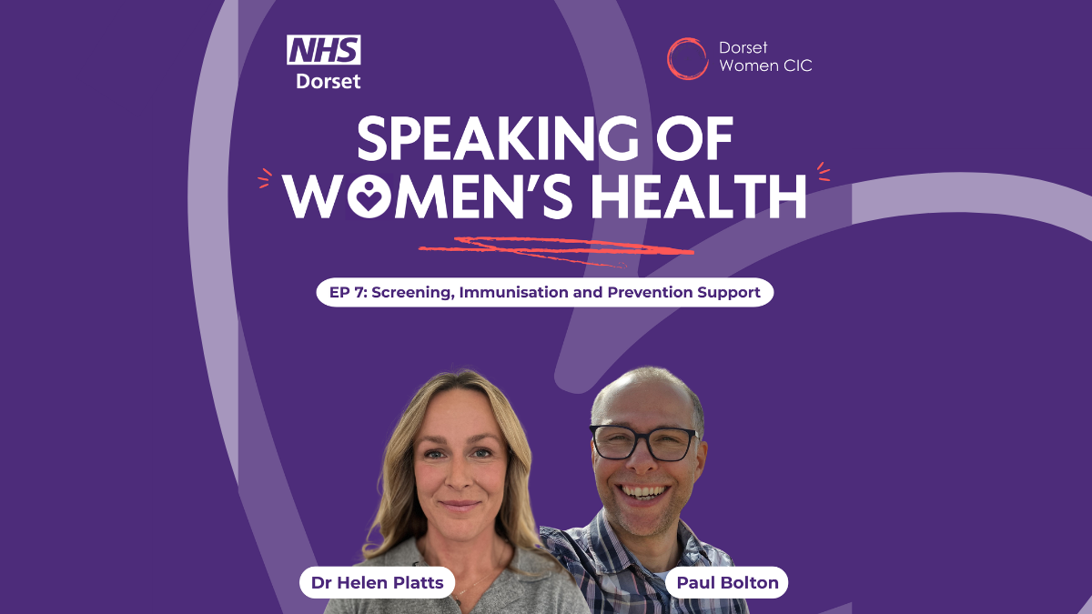 Purple background with the NHS Dorset logo and Dorset Women's logo at the top; The title of the podcast is in capitals in the middle and the title of the Episode in a white rounded edged box. There are two cutouts of two guest speakers, Dr Helen Platts and Paul Bolton - their names are shown in a white box in front of their image. There is a faded heart set at an angle in the background.