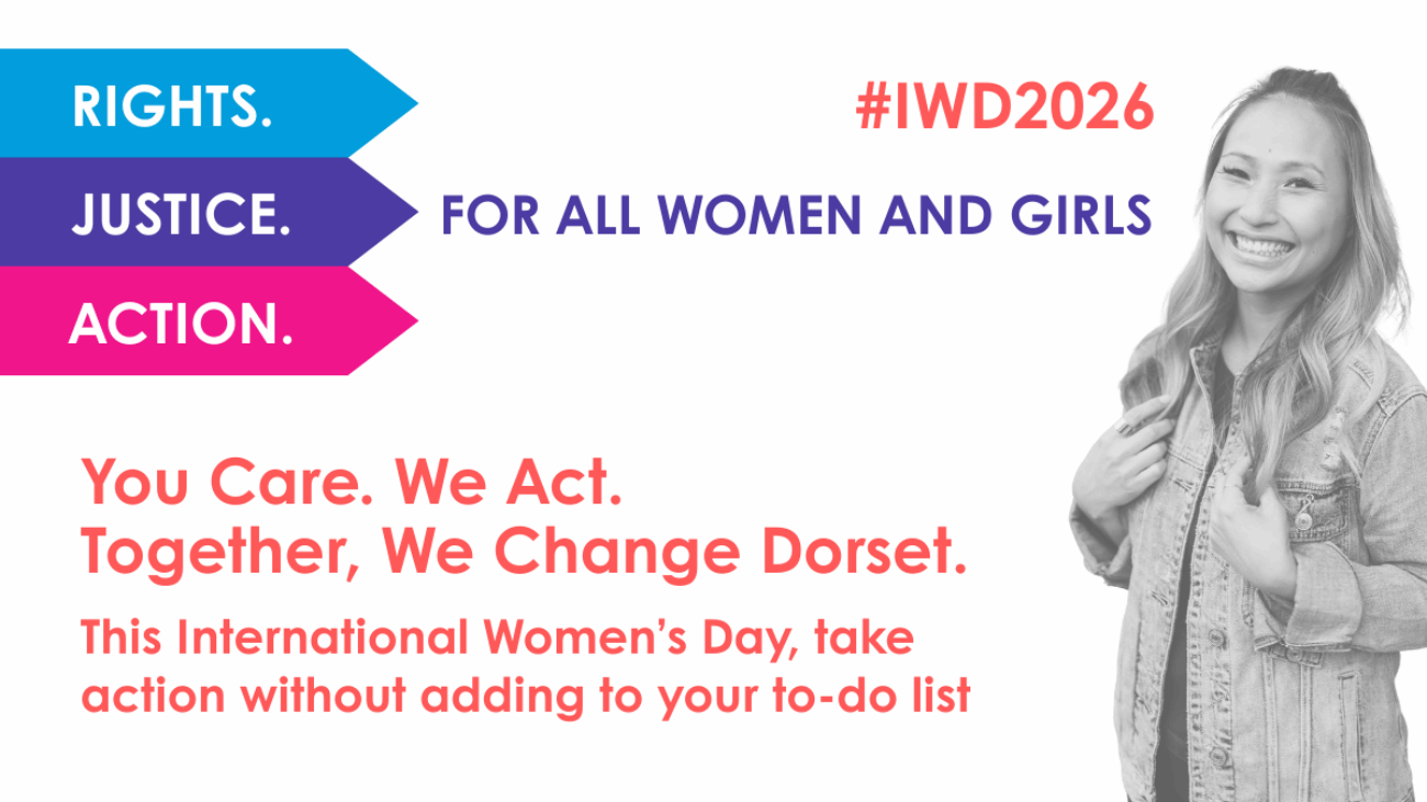 Graphic to mark International Women's Day - on the left are three arrow blocks featuring the United Nation's Slogan for IWD: Rights. Justive. Action. Underneath is a call for wome to take action without adding to their 'to-do-list. On the right is a black and white pphot graph of a young women who's smiling and facing inwards.